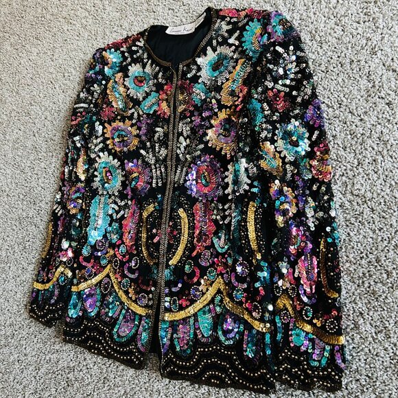 Vtg Lawrence Kazar New York Sequin Embellished Floral Colorful Sequin Jacket - Picture 3 of 16